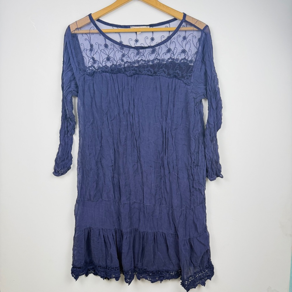 Pronto Moda Giusy Italy Navy Blue Lace Mesh Embroidered Boho Tunic Dress Large